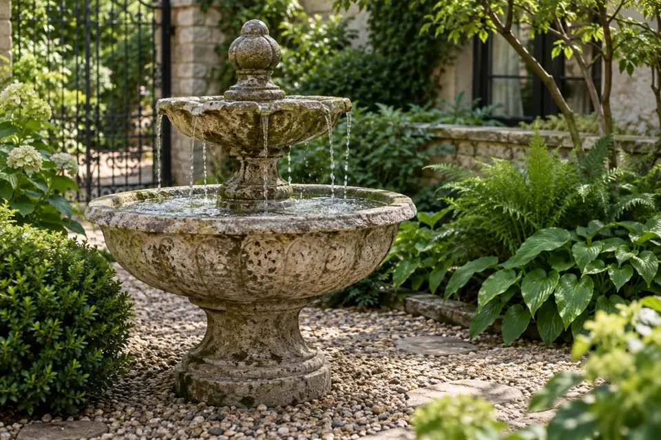 Two-tier stone fountain flowing into a garden basin